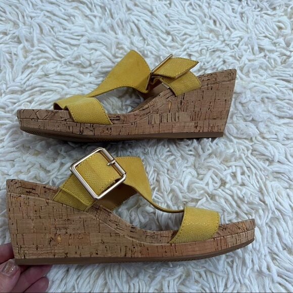Alex Marie Yellow wedge slip on sandals with cork soles size 7.5M NWOT - Picture 3 of 9